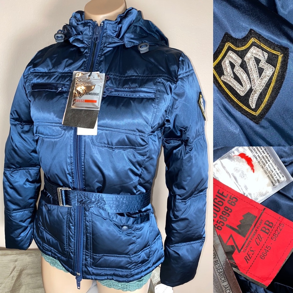 🆕 Bomboogie Quilted Puffer Down Blue Quilted Coat Jacket Belted M fits XS-S